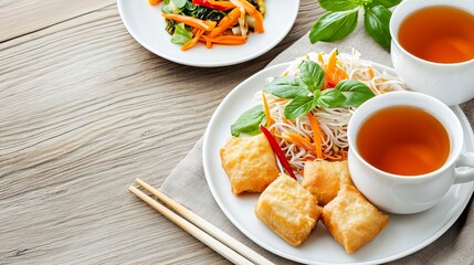 Chinese food tea appetizer concept. Delicious Asian meal with tea, noodles, and vegetables on a wooden table.