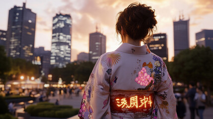 Fototapeta premium Woman in traditional kimono overlooking cityscape at sunset
