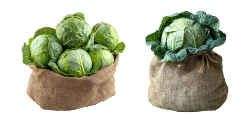 Fototapeta premium Set of Burlap sacks filled with fresh green cabbages isolated on transparent background 