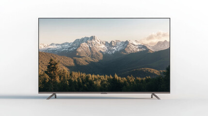 Fototapeta premium Flat screen tv displaying stunning mountain landscape with snow-capped peaks