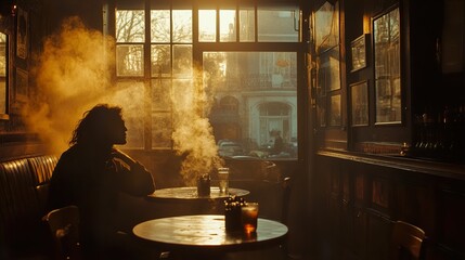 Golden Hour Solitude: A Man Contemplates in a Vintage Pub