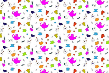 Seamless pattern. Children's drawing. Cups, teapot, kitchen. Background. Illustration. Flyer background design, advertising background, fabric, clothes, texture, textile pattern