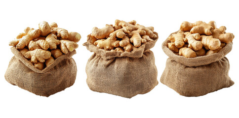 Set of Burlap sacks filled with fresh ginger roots isolated on transparent background