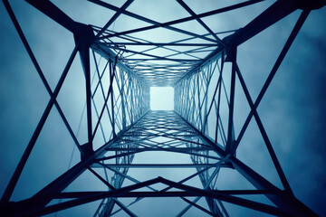 Fototapeta premium Capturing the grandeur of high-voltage transmission towers against a blue sky backdrop in electrifying detail