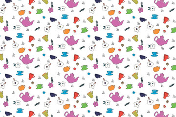 Seamless pattern. Children's drawing. Cups, teapot, kitchen. Background. Illustration. Flyer background design, advertising background, fabric, clothes, texture, textile pattern