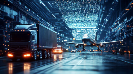 Futuristic logistics network showcasing advanced freight transportation with aircraft and vehicles on a high-tech airport backdrop