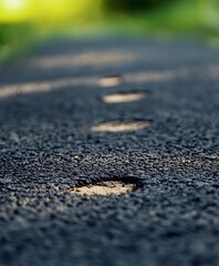 CloseUp of Footprints on Asphalt Pathway in Sunlit Park Setting : Generative AI