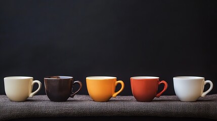 Fototapeta premium Assorted Colorful Coffee Cups Arranged in a Line on Dark Background : Generative AI