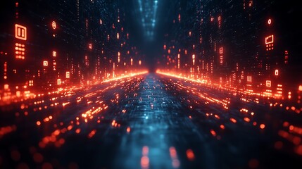 Obraz premium Digital Data Highway: A mesmerizing abstract visual, showcasing a glowing path of red and blue digital information streaming through a dark, digital landscape.
