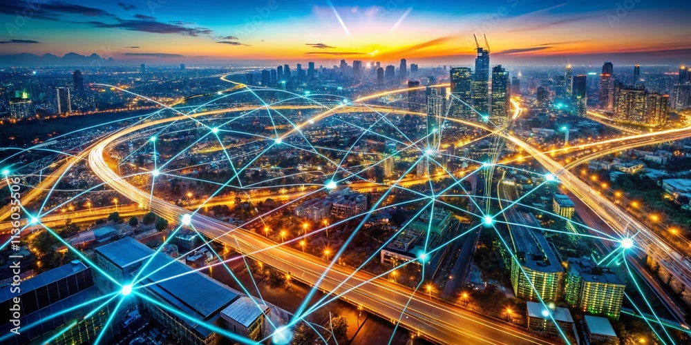 Poster aerial view of abstract digital lines and pixels representing global data connections and network te