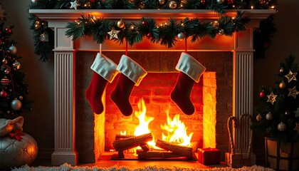 Cozy Fireplace with Abstract Christmas Stockings Hanging and Soft Light Reflection. Free Christmas Background. Chrismas Wallpaper. Cool Wallpaper 4k