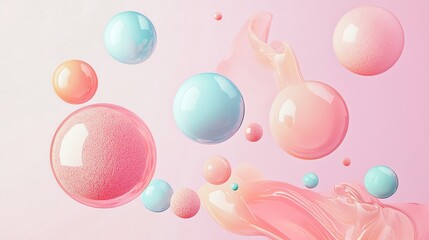 Abstract 3D render of pastel colored orbs and a swirl of pink liquid.