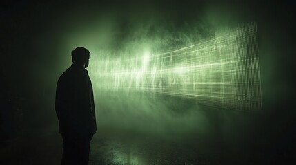 Obraz premium Into the Unknown: A solitary figure stands silhouetted against a backdrop of eerie, green mist. The silhouette is framed by a shimmering light, creating an atmosphere of mystery and anticipation.
