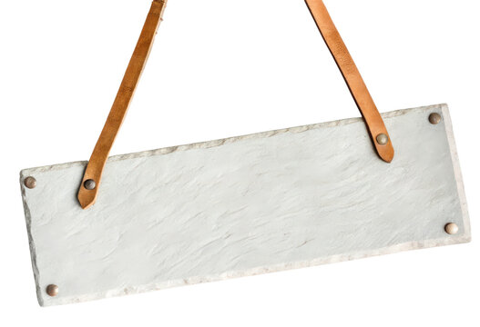 Blank rectangular sign with leather straps for hanging isolated with transparent background