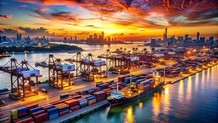 Naklejka premium Aerial View of Busy Harbor Facilities with Container Ships, Cranes, and Docked Vessels at Sunset, Showcasing Maritime Logistics and Industrial Operations in a Coastal City