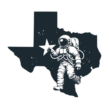 Cute astronaut floating with Texas map as background. Black white vector. Icon and logo illustration.
