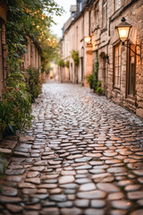 Obraz premium Charming cobblestone alley with rustic lanterns and lush greenery at dusk