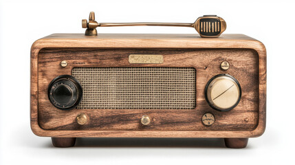 Vintage wooden radio with retro microphone and knobs on white background