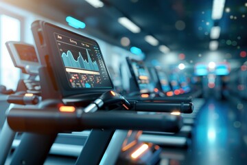 A modern gym with sleek treadmills featuring digital displays and fitness tracking metrics under bright lighting.