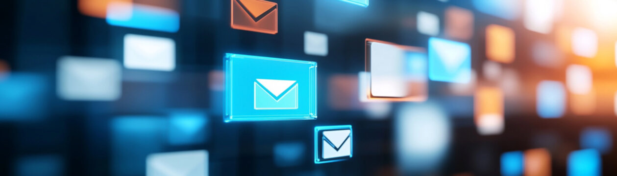 Digital email icons floating in a virtual space, symbolizing modern communication technology.