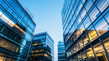 Modern office buildings with reflective glass facades under clear sky