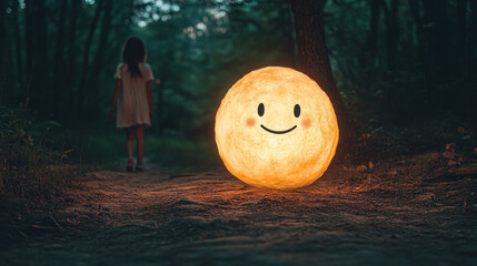 Glowing smiley face orb illuminates dark forest path with child wonder