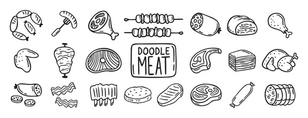 meat, pieces of meat and meat products doodle hand drawn icon set. Outline drawing meat products line clipart symbol collection
