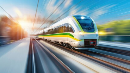 A sleek train speeds down the tracks, surrounded by vibrant sunlight and greenery, showcasing modern transportation in motion.