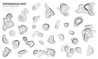Set of geographic contour map elements with wavy geometric texture. Topographic map. Vector elevation lines with terrain patterns.