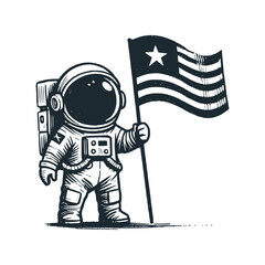 Cute astronaut hold a Liberia flag. Black white vector. Icon and logo illustration.	