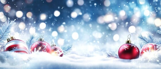 Sparkling Red Christmas Ornaments in Snowy Winter Wonderland Scene