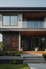 Modern two-story house featuring large windows, wooden accents, and a landscaped entrance with steps and planters.