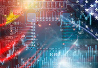 Double double exposure of USA flag and China flag with Electronic Microchip with stock market graph...