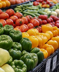 Vibrant display of fresh vegetables at a farmer's market including peppers and tomatoes : Generative AI