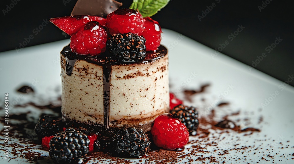 Wall mural Dessert, mini cake with berries and chocolate on white plate.