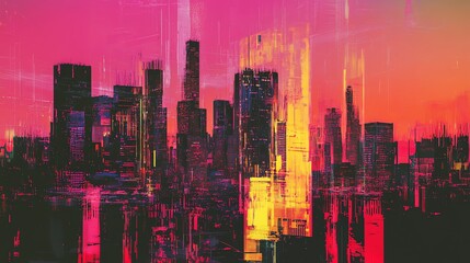 Fototapeta premium A digital art cityscape at sunset with a mix of neon pink and blue hues. The city reflects in the rippling water.