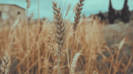 Fototapeta premium Close-up of wheat grains in field, with blurred background.
