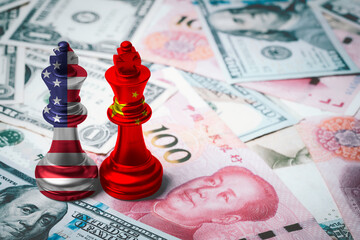 USA pawn and China pawn chess on US dollar and Yuan banknote which is symbol for tariff trade war...