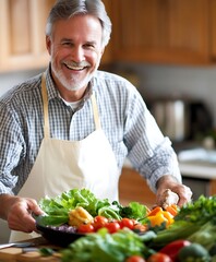 Senior chef preparing healthy vegetarian dishes with fresh vegetables in a cozy home kitchen : Generative AI
