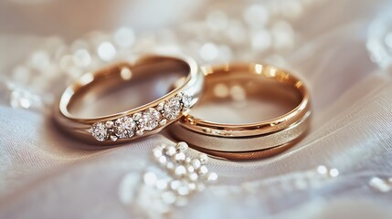 Elegant gold wedding rings on satin fabric with sparkling diamonds and soft light : Generative AI