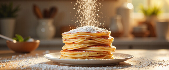 Celebration of Maslenitsa with fluffy pancakes and powdered sugar preparation in a cozy kitchen setting