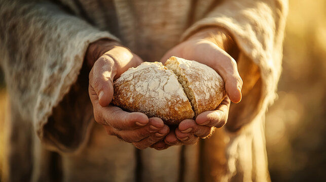 Capturing the essence of hope with Jesus Christ holding broken bread in a radiant light