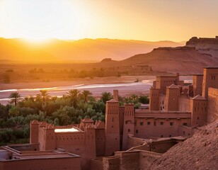 Generated image Sunset view of the Ksar of Ait Benhaddou, with the ancient mud-brick buildings glowing 