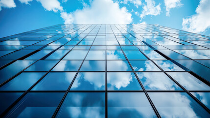 Fototapeta premium Modern office building designed with glass facade and geometric patterns reflecting blue skies and clouds above lush green lawn