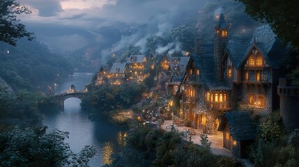 Enchanted Village at Dusk: A Fairytale Landscape