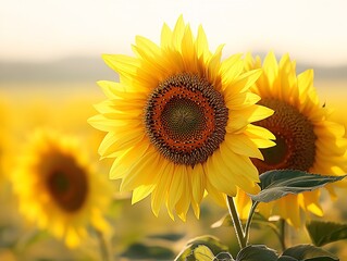 Obraz premium Golden Sunflowers in Sunlit Field with Bright Blue Sky in Background : Generative AI