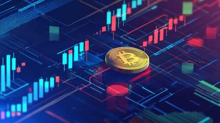 A stock market chart with Bitcoin on top, displaying rising and falling candlestick charts.