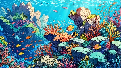 Vibrant underwater scene with colorful coral reefs and various fish swimming.