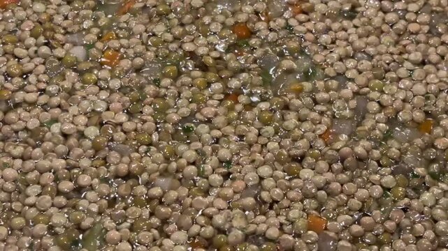 Italian traditional Christmas and festive meal: lentils with soffritto, slowly bubbling away in a pan. Real home cooking. Lentils are still raw. Vegetarian or vegan. Horizontal video. 