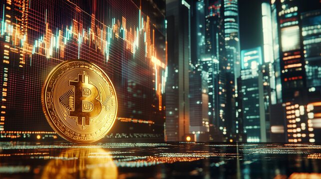 A stock market chart with Bitcoin on top, displaying rising and falling candlestick charts.